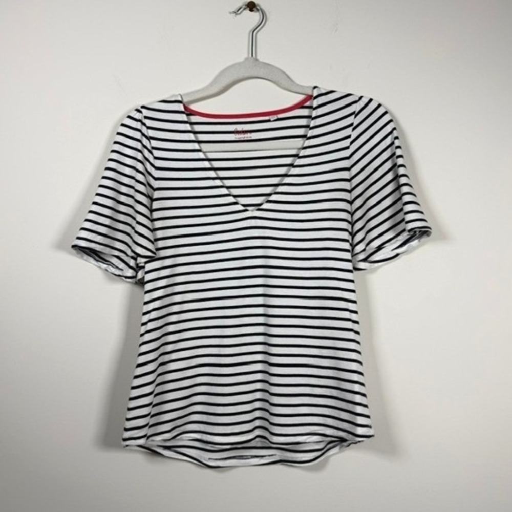 Boden Supersoft White & Navy Stripe V-Neck Flutter Sleeve Top| Size US 6